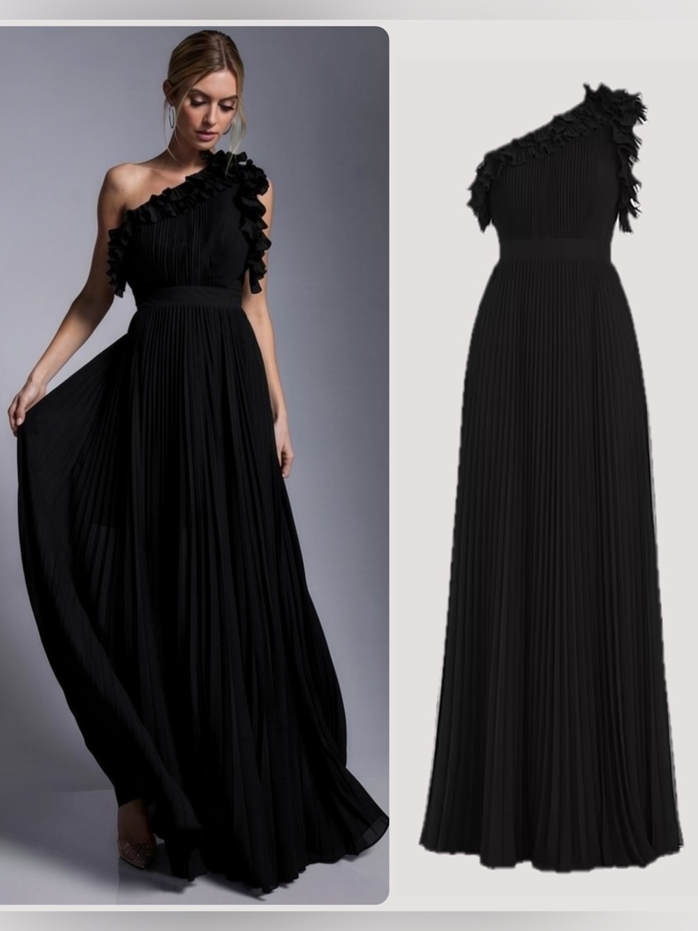 Dress the Population Vida Black Pleated Chiffon Ruffled Gown Maxi Dress NWT $348